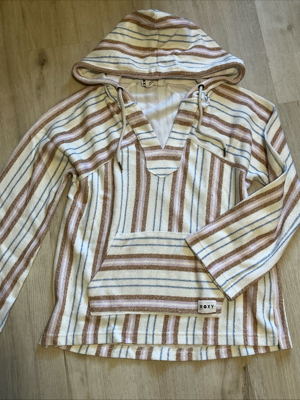 ROXY Cream, Brown and Blue Striped V‑Neck Hoody island vibes cover up